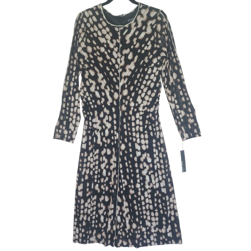 Maggy London Dress 12 NWT Fit Flare Black Peach Animal Print 3/4 Sleeve Midi